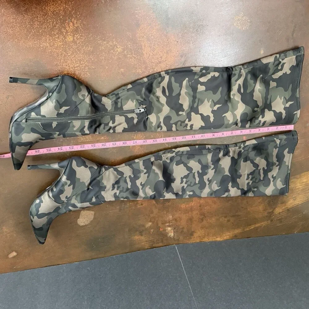 Aldo Camo Stretch Satin Thigh High Boots Size 6 Military Chic Grunge punk sleek - Picture 13 of 16